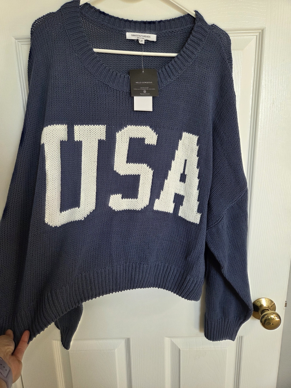 Grayson Threads Navy Sweater with White USA Lettering